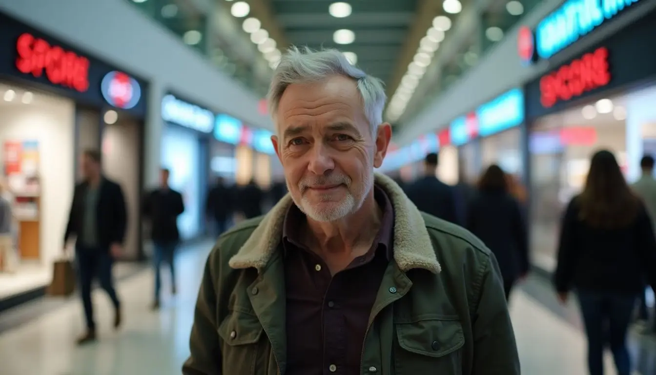 An elderly man walking through a busy shopping mall. An elderly man walking through a busy shopping mall.