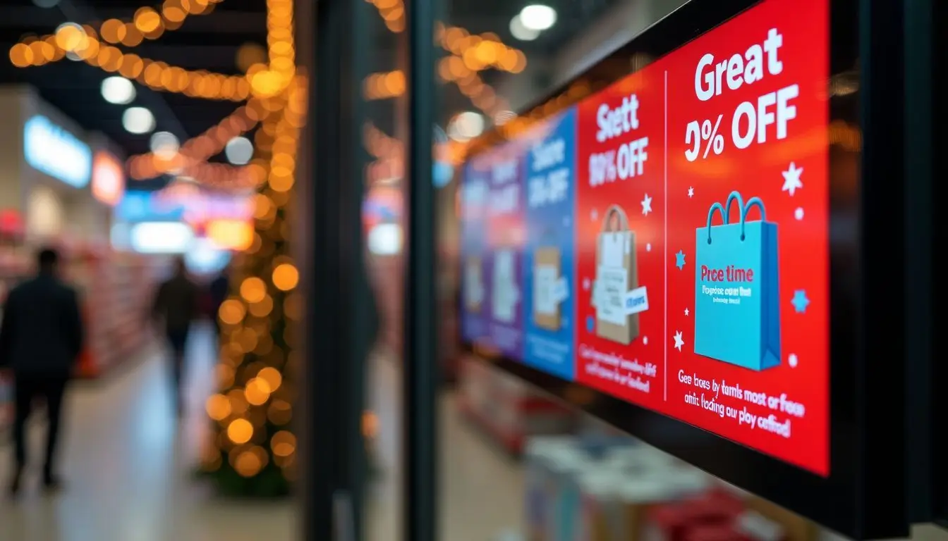 A festive retail store with holiday promotions and decorations.