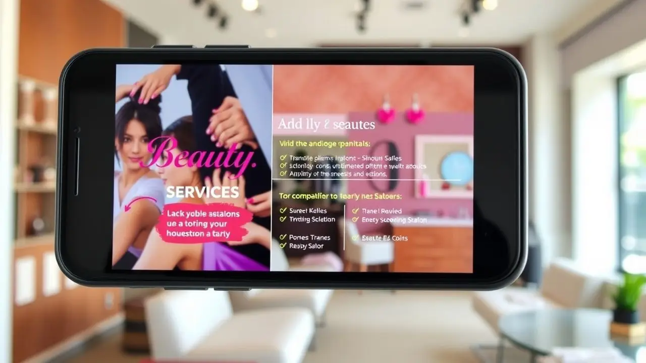 A modern salon's digital signage displays beauty services in colorful graphics. A modern salon's digital signage displays beauty services in colorful graphics.