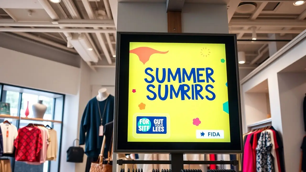 A digital signage board displays summer clothing promotions in a modern store. A digital signage board displays summer clothing promotions in a modern store.