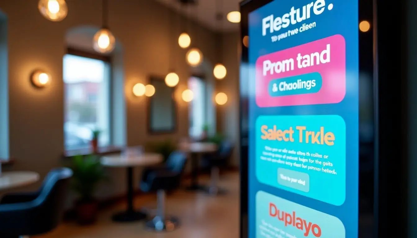 A digital sign in a salon displaying colorful promotions and services. A digital sign in a salon displaying colorful promotions and services.