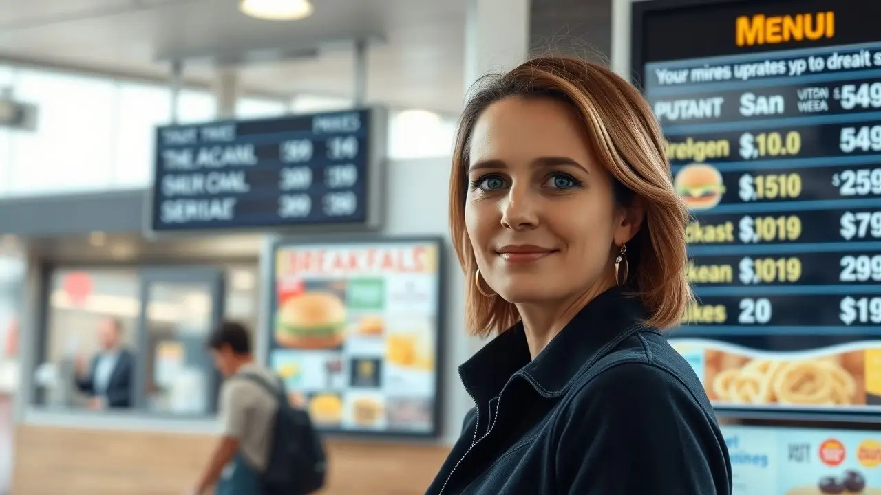 A woman looks at a digital menu board at a fast-food drive-thru.
