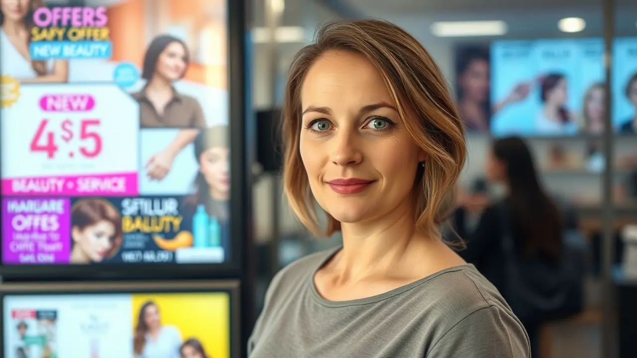 A woman in casual clothes stands in front of a salon's digital display. A woman in casual clothes stands in front of a salon's digital display.
