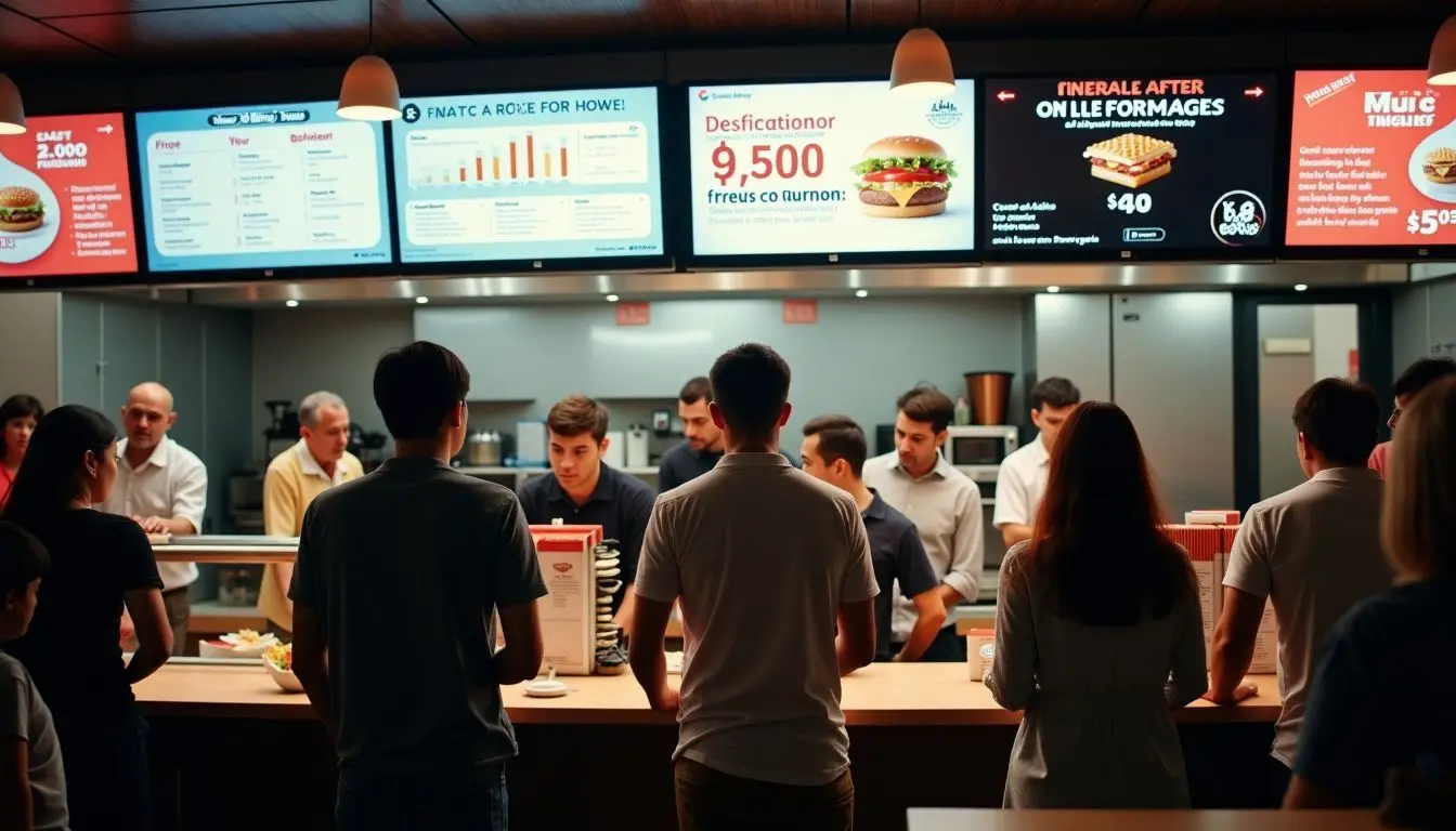 A crowded fast food restaurant with digital screens and lively atmosphere.