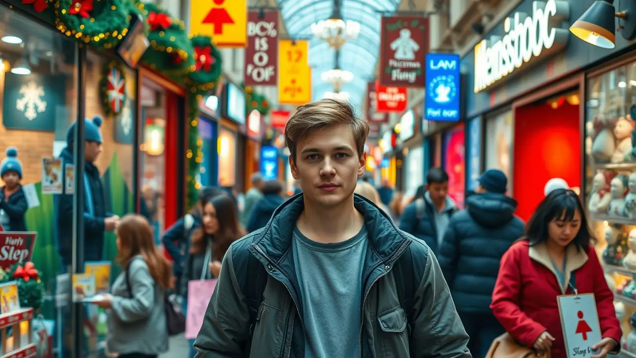A busy shopping street with cheerful holiday decorations and shoppers.