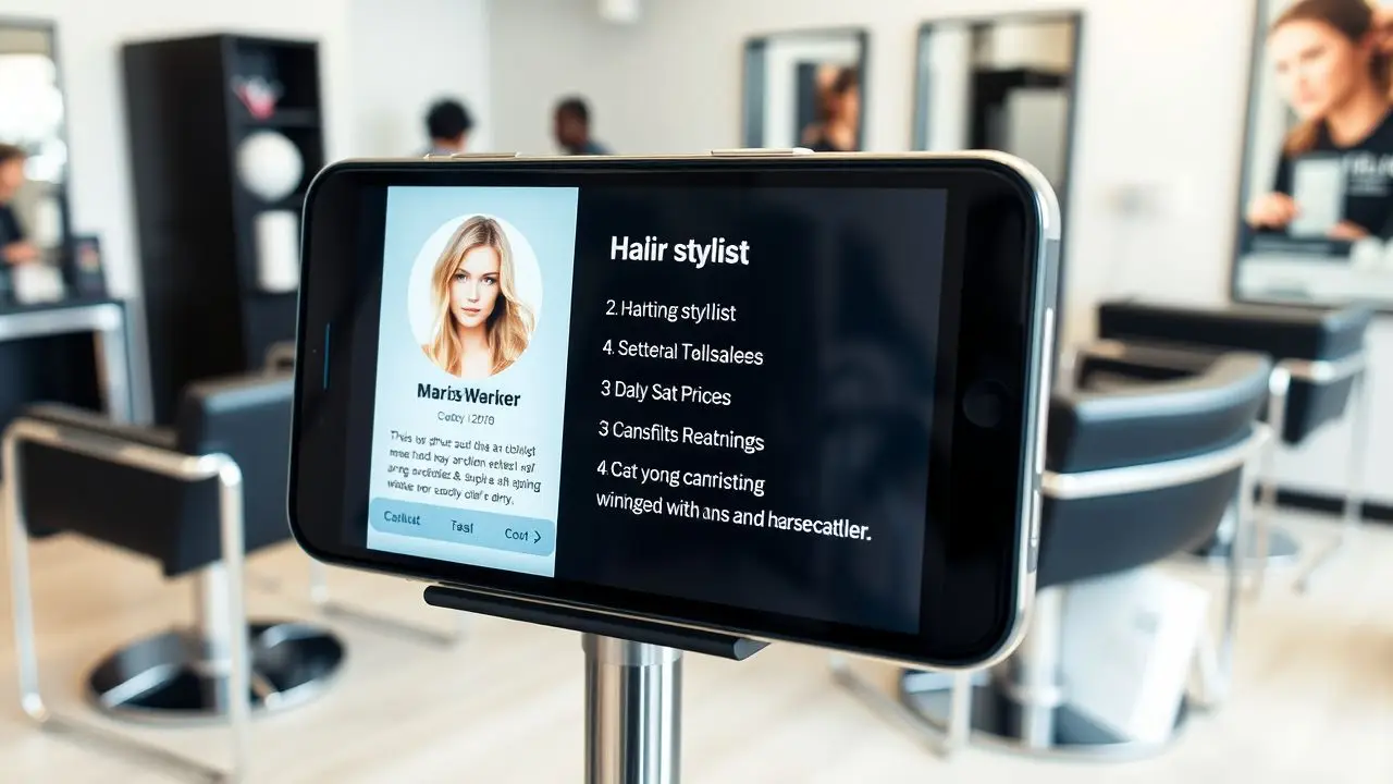 A digital stylist profile in a modern salon setting.
