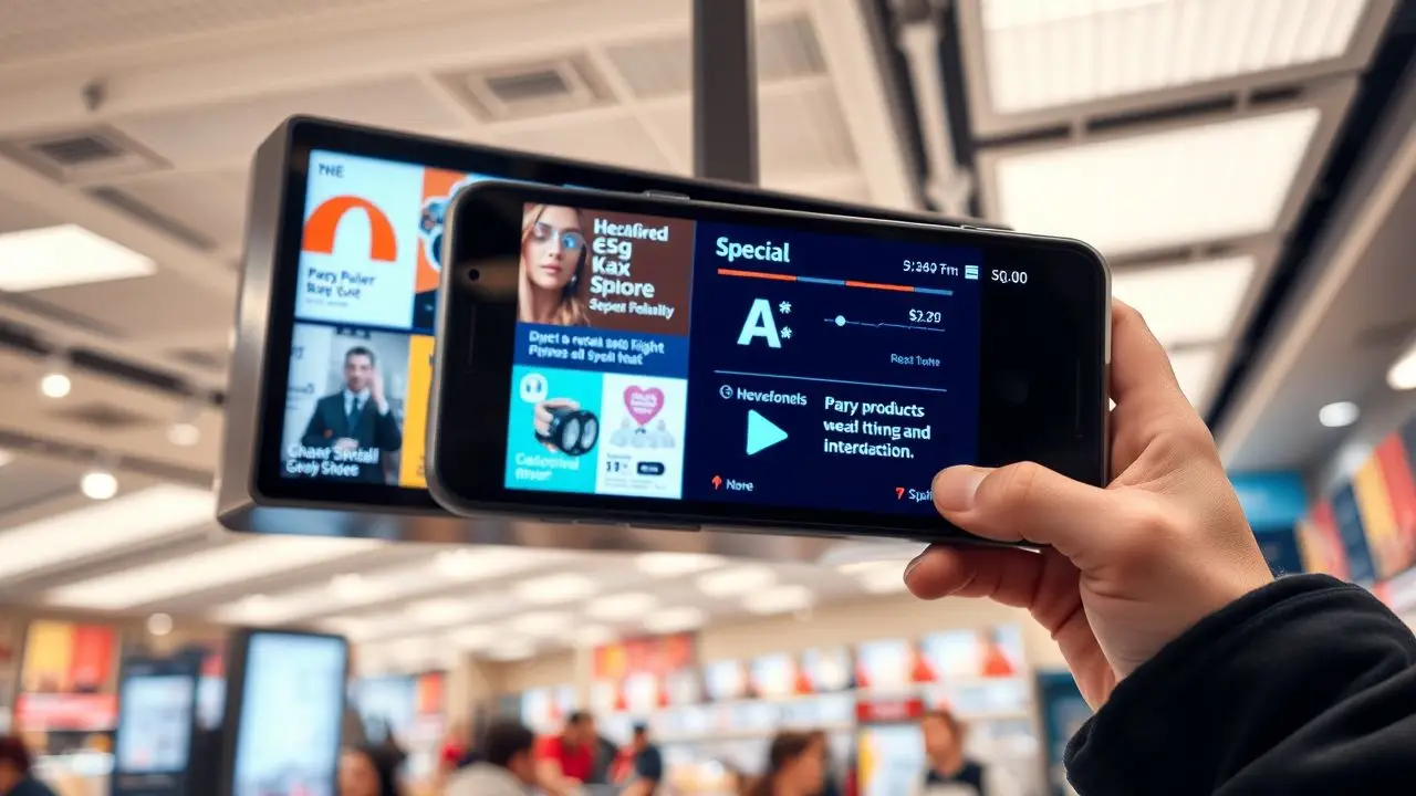 A digital sign in a retail store displaying special offers and new products.