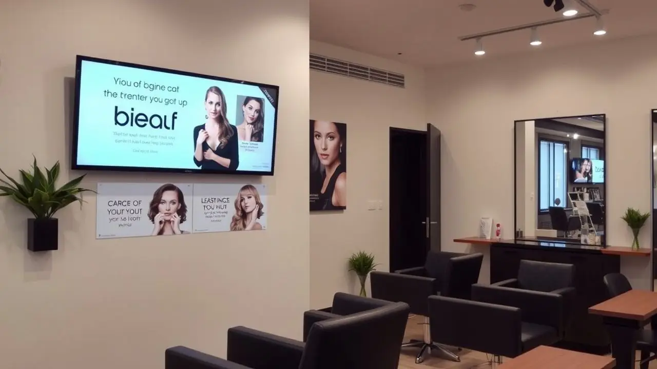 A modern, upscale salon with sleek interior and digital promotions. A modern, upscale salon with sleek interior and digital promotions.