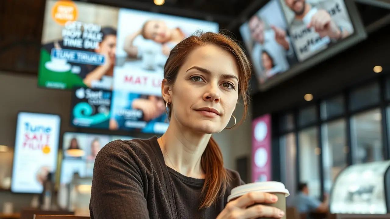 A woman sitting in a modern coffee shop with digital screens.