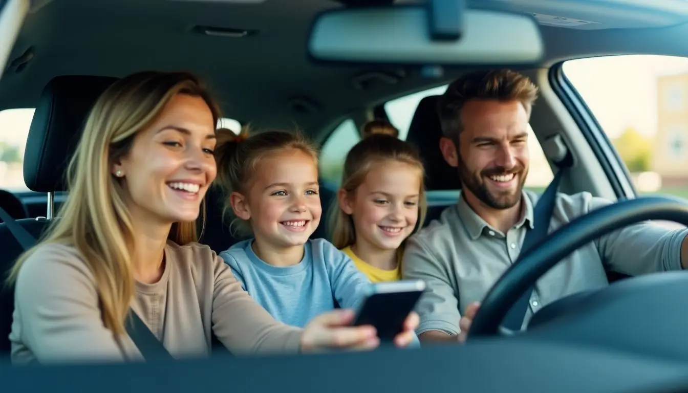 A family smiling and interacting with a drive-thru digital screen.