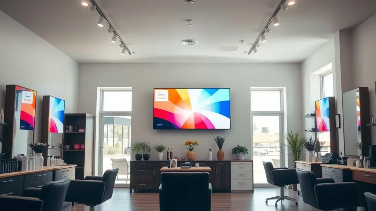 A modern salon with digital signage and vibrant brand colors. A modern salon with digital signage and vibrant brand colors.