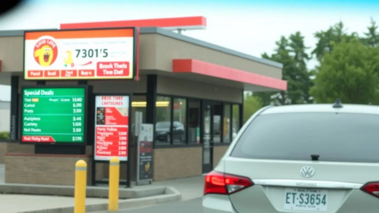 A drive-thru restaurant with clear digital menu board.