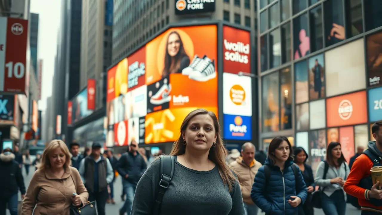 A busy city street with a large digital display and pedestrians.
