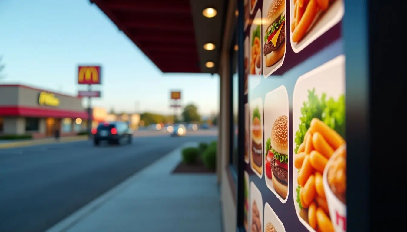 A daytime photo of a digital drive-thru menu board at a fast-food restaurant.