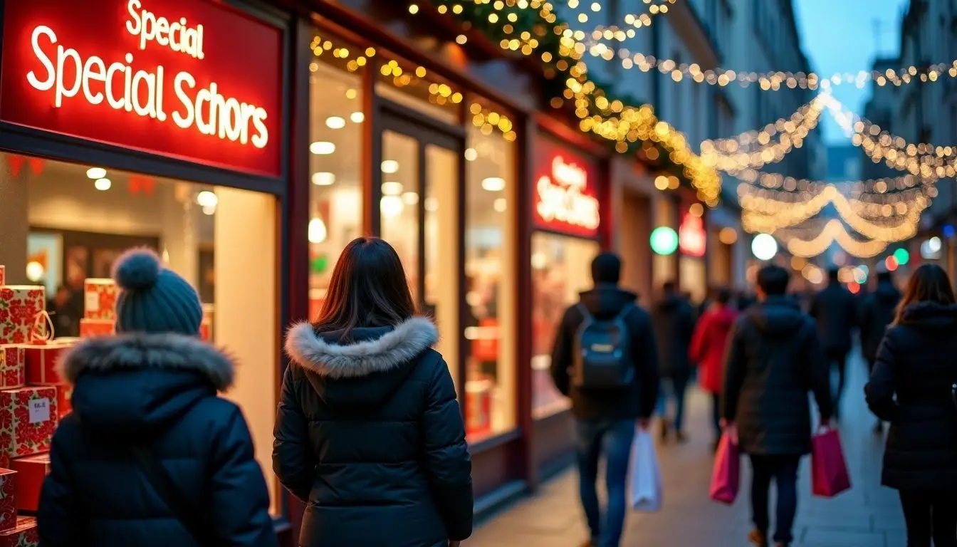 A busy holiday street with festive storefront and shoppers carrying bags.