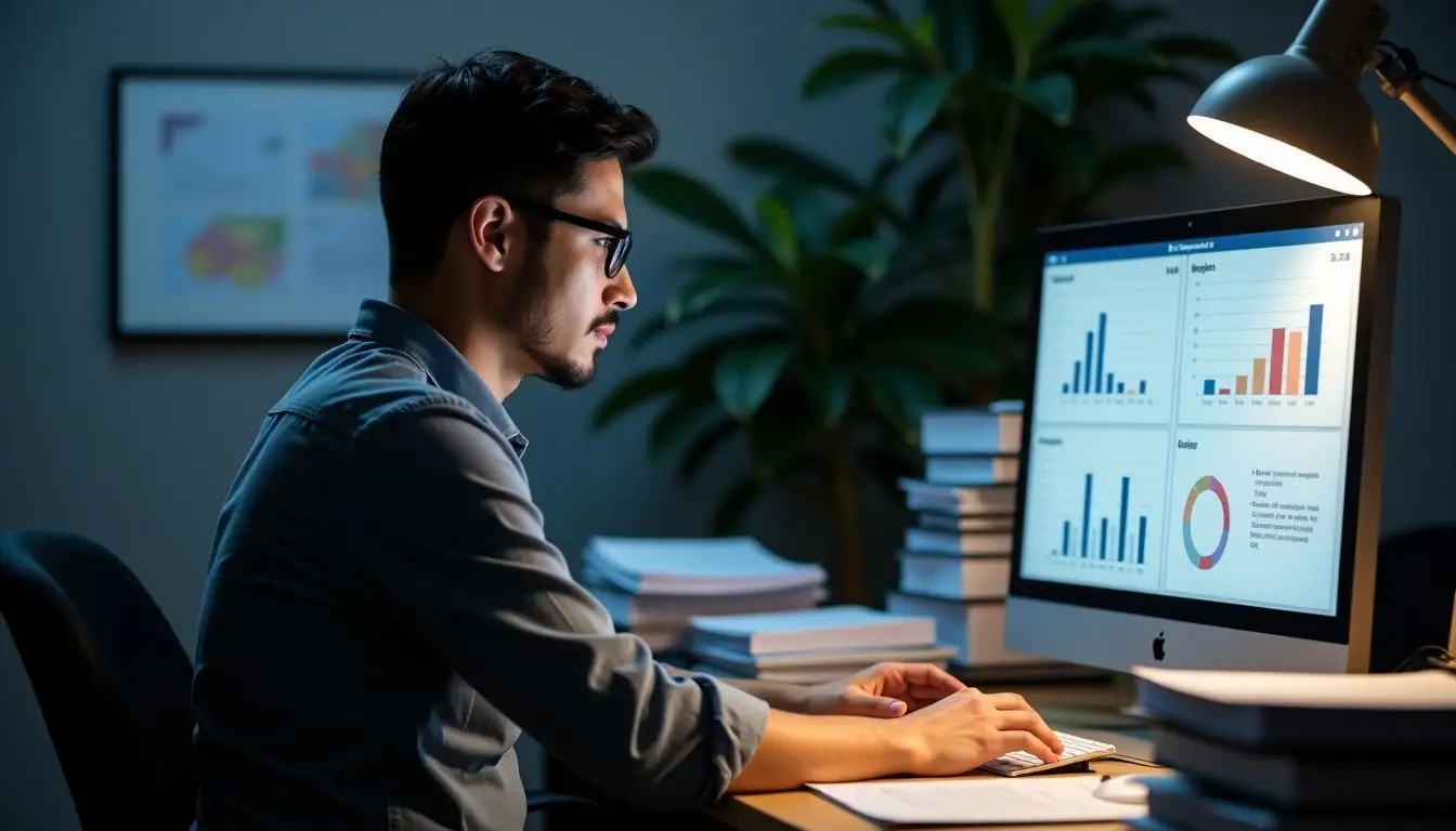 A person analyzing holiday campaign data at a cluttered desk.