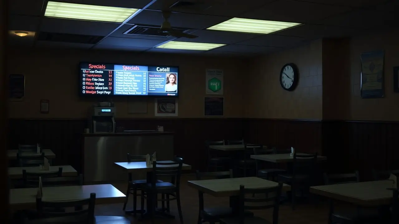 An empty, neglected restaurant with outdated specials and a late clock.