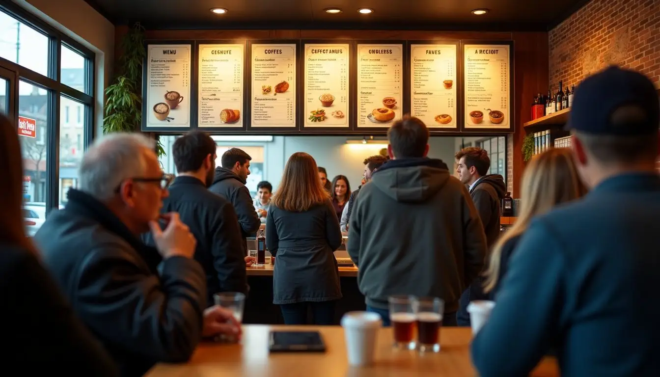 A busy coffee shop with customers enjoying drinks and conversations.