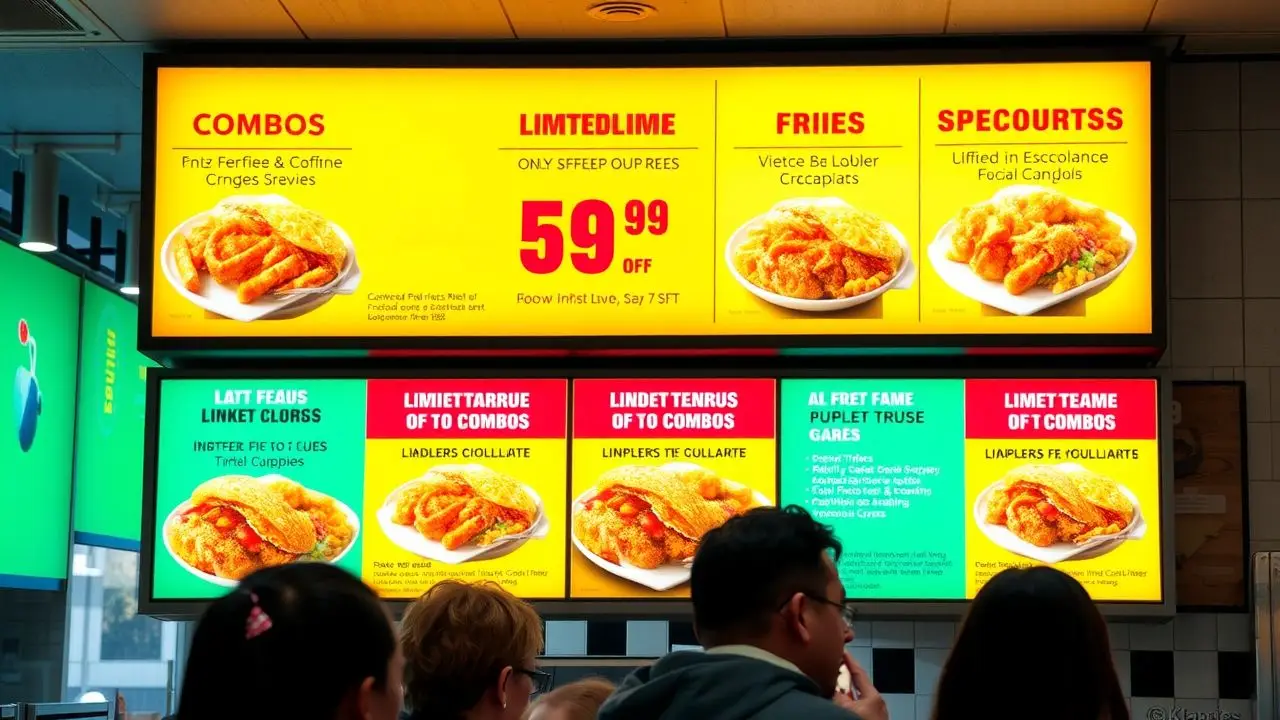 A colorful digital menu board displays limited-time food combo discounts.