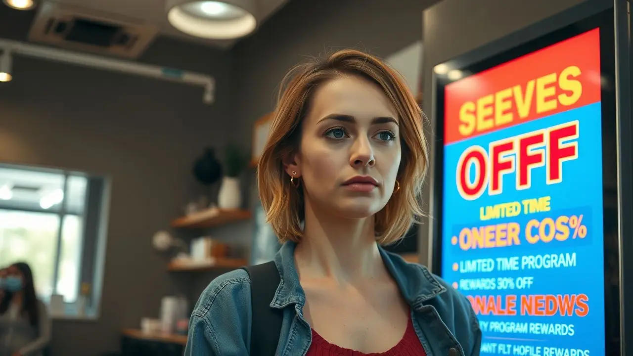 A woman in her 30s standing in a beauty salon, focused on special offers and discounts on a digital sign.