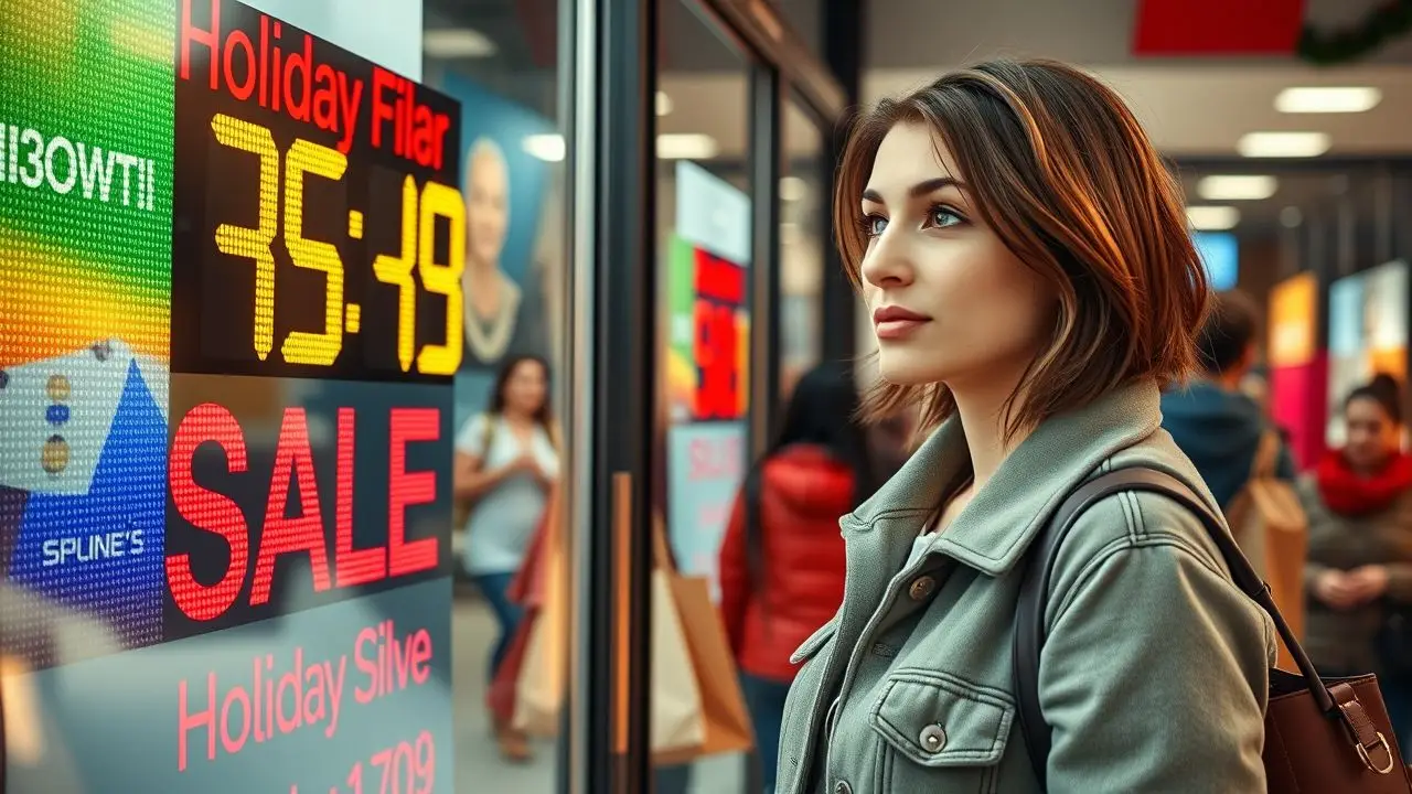 A woman checking a holiday sale countdown outside a busy store.