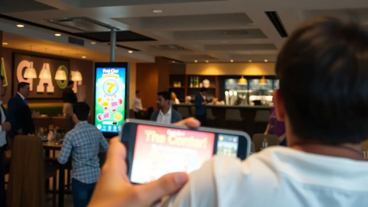 A digital interactive game displayed on a sign in a lively restaurant.
