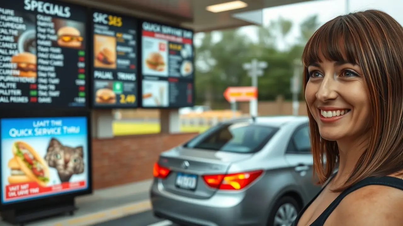 A woman smiles at a digital menu in a fast food drive-thru.