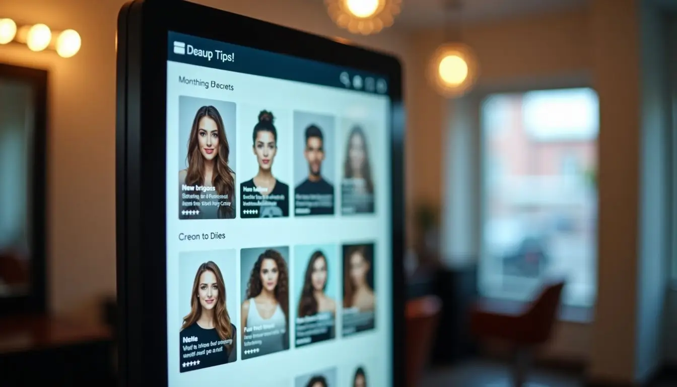 A digital sign in a modern salon showcases beauty tips and trends.