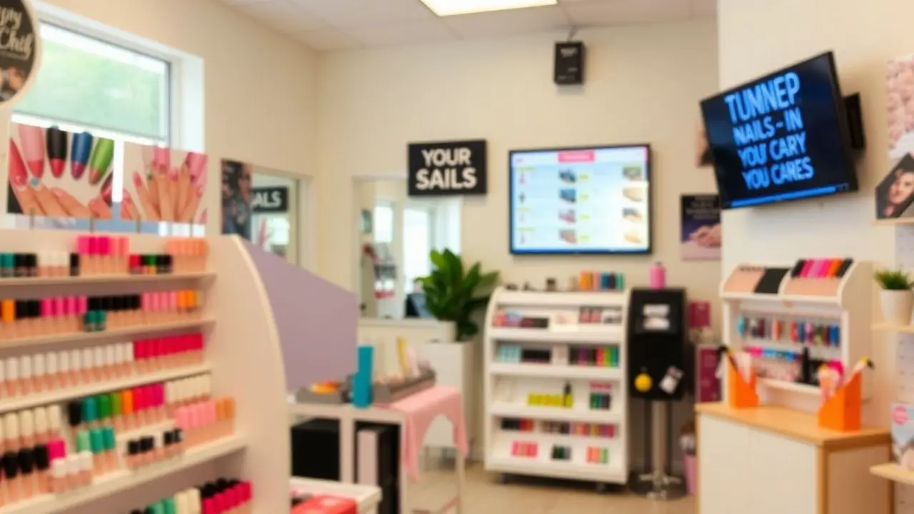 A salon display showcasing colorful nail art designs and specials.