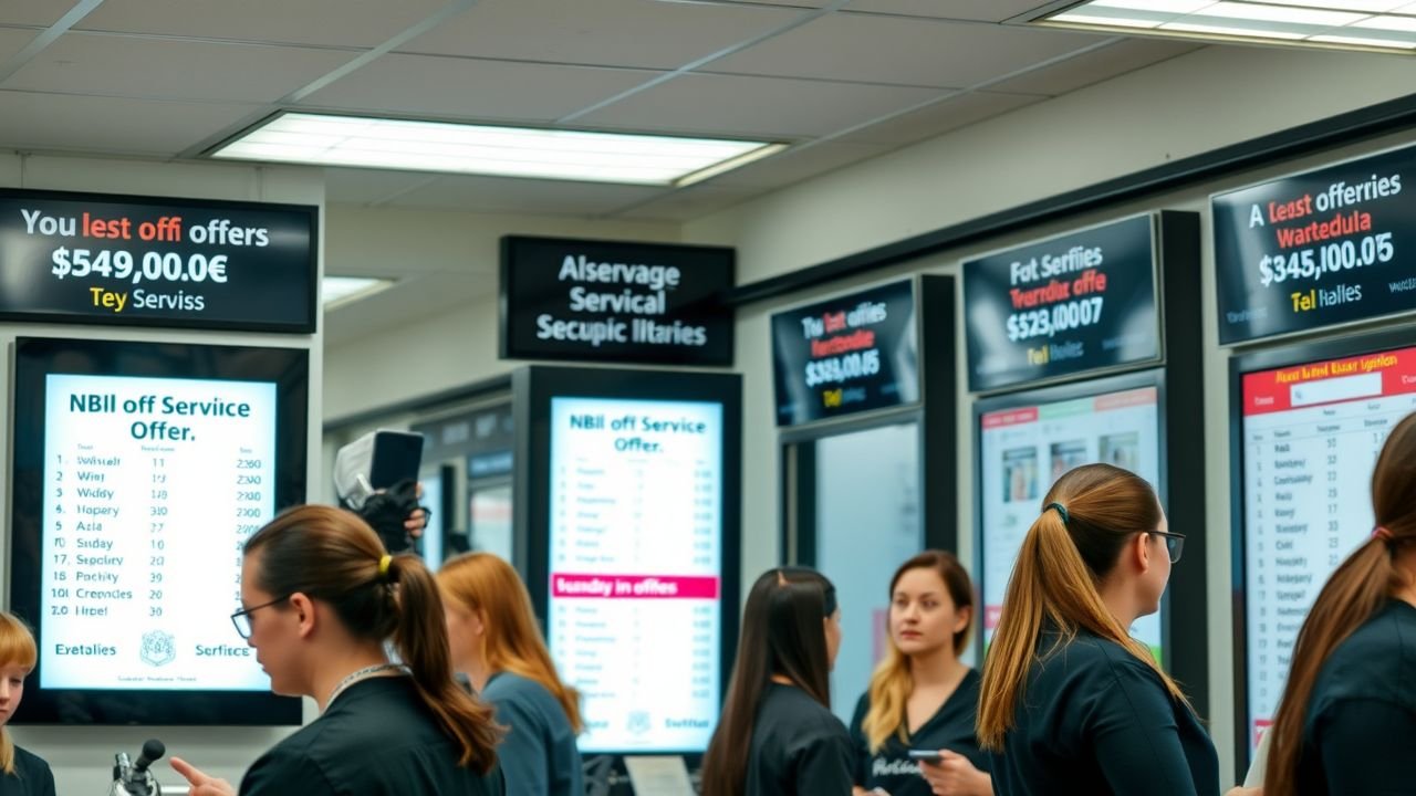 Busy salon with digital signs and staff checking schedules. Busy salon with digital signs and staff checking schedules.