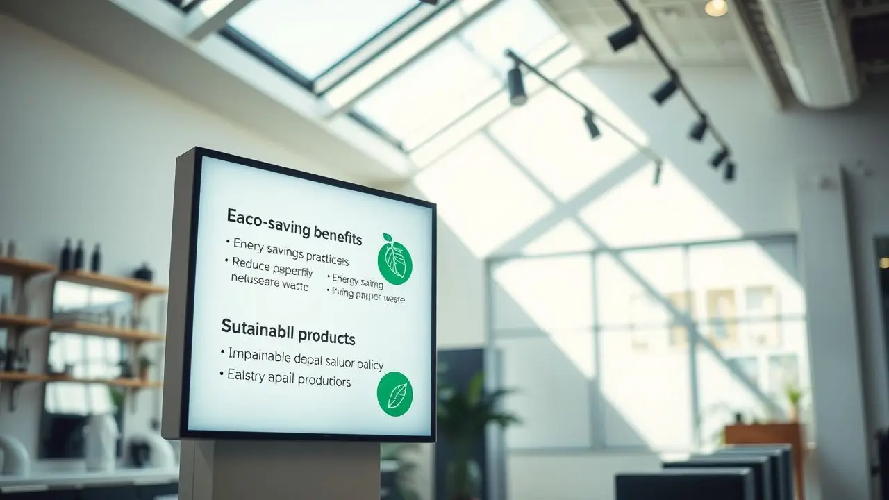 The image shows a modern salon's eco-friendly practices and services.