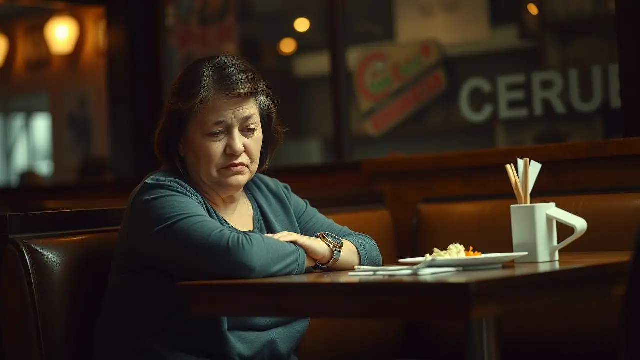 A frustrated woman waits for her order at a dimly lit restaurant.