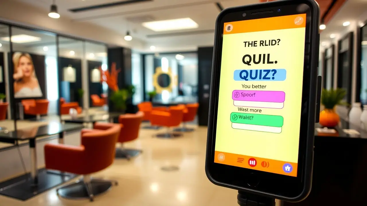 A modern salon with a digital quiz display and stylish decor.