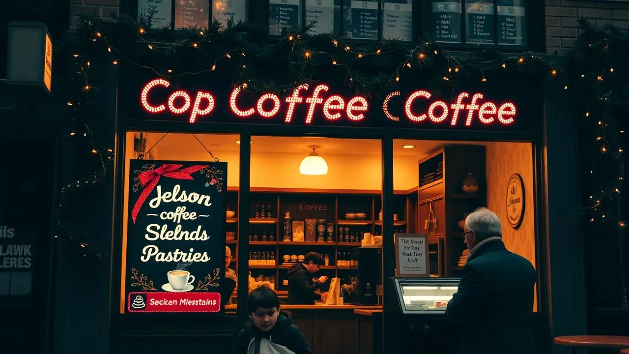 A cozy holiday-themed coffee shop with festive decorations and inviting atmosphere.