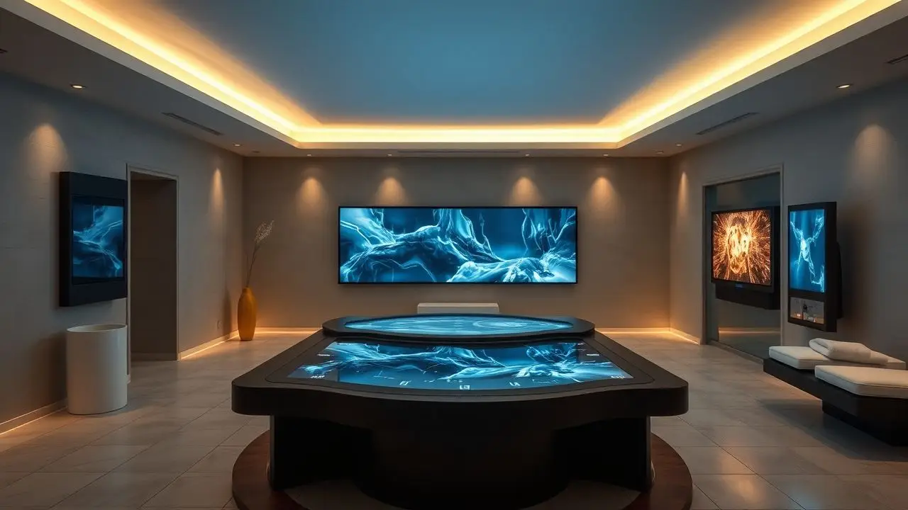 A modern touchless technology station in an upscale spa. A modern touchless technology station in an upscale spa.