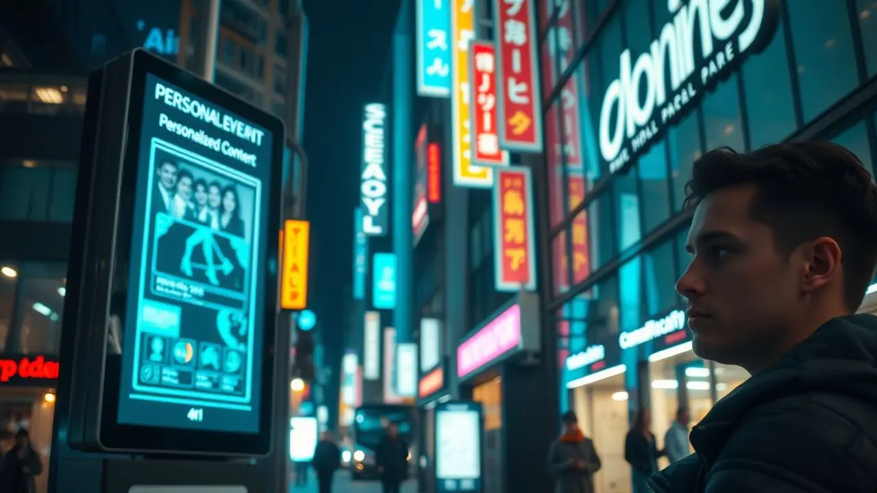 A futuristic digital signage displays personalized content in a city street at night. A futuristic digital signage displays personalized content in a city street at night.