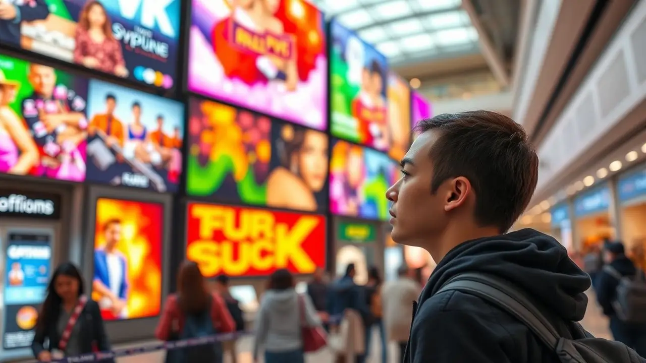 A person interacts with vibrant digital screens in a bustling mall. A person interacts with vibrant digital screens in a bustling mall.