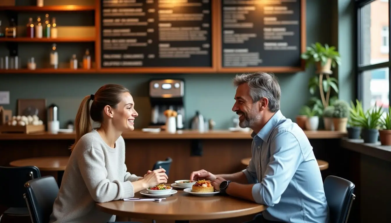 A middle-aged couple enjoying a meal at a cozy café. A middle-aged couple enjoying a meal at a cozy café.