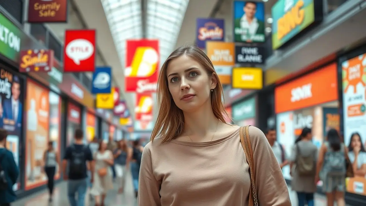 A woman walks through a busy shopping mall with vibrant digital signs. A woman walks through a busy shopping mall with vibrant digital signs.