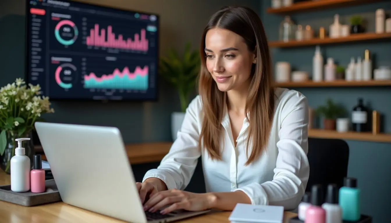 A woman focused on managing her salon's business operations at the reception desk. A woman focused on managing her salon's business operations at the reception desk.