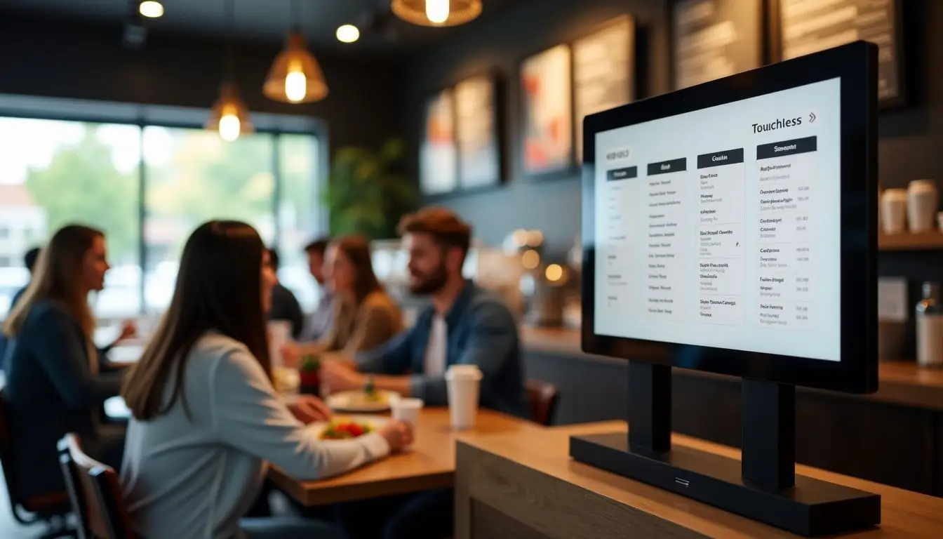 A modern café with interactive digital menu and diverse customers. A modern café with interactive digital menu and diverse customers.