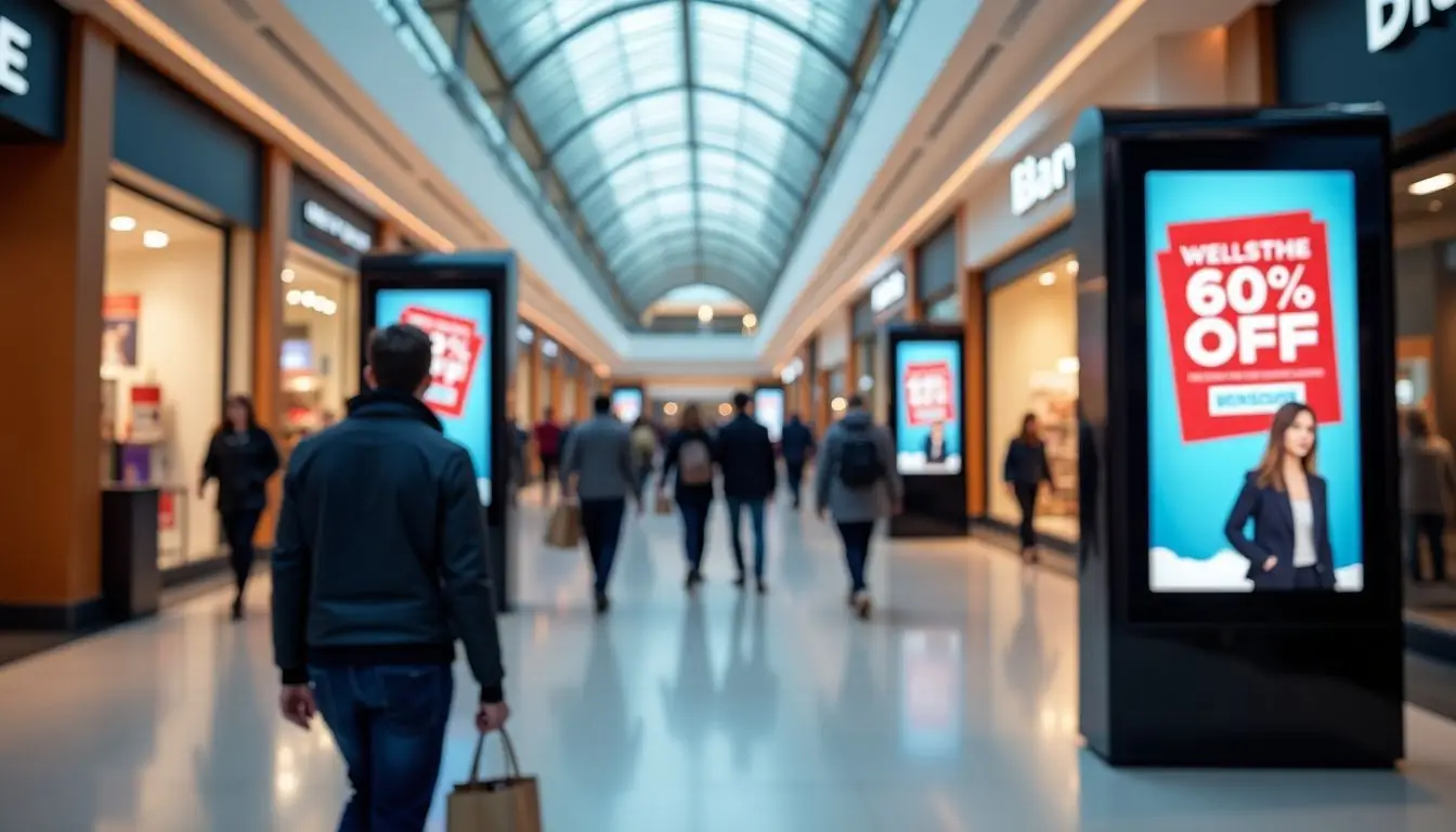 A busy shopping mall with digital signs promoting affordable offers. A busy shopping mall with digital signs promoting affordable offers.