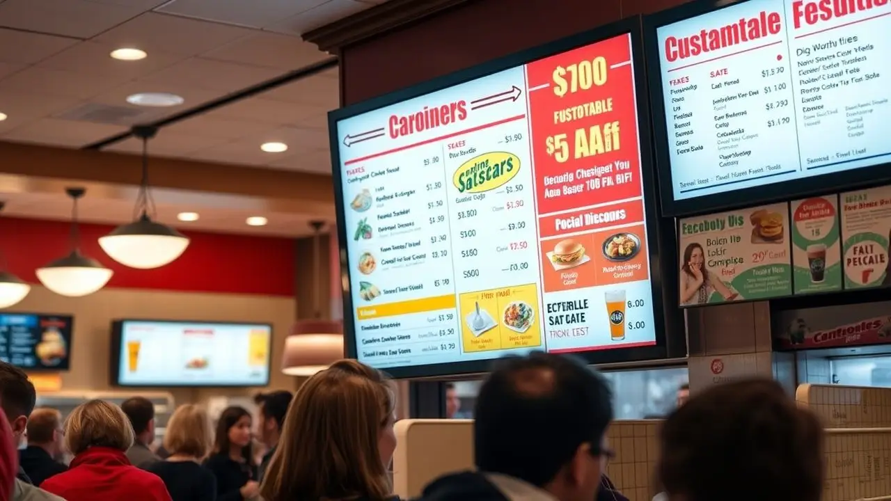 A digital menu board in a busy restaurant featuring customizable designs.