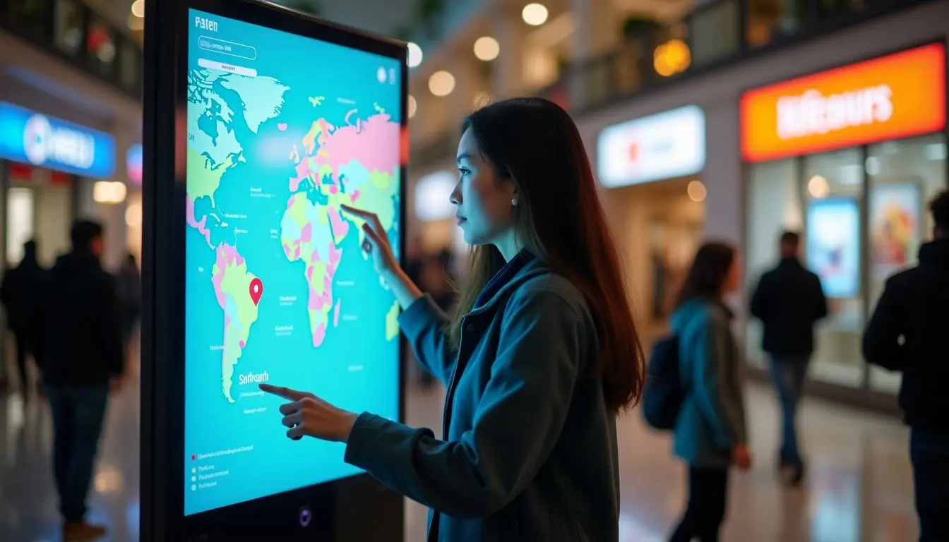 A person uses a digital directory in a shopping mall.