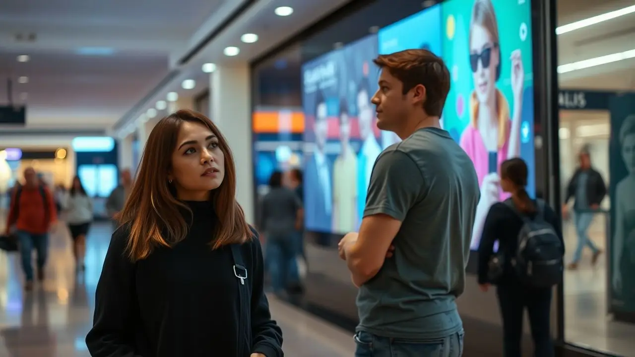 A couple in their 30s stands in front of a digital display in a busy mall, both looking intrigued by the colorful images.