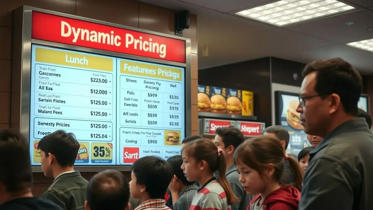 A busy fast-food restaurant displays real-time discounts on digital board. A busy fast-food restaurant displays real-time discounts on digital board.