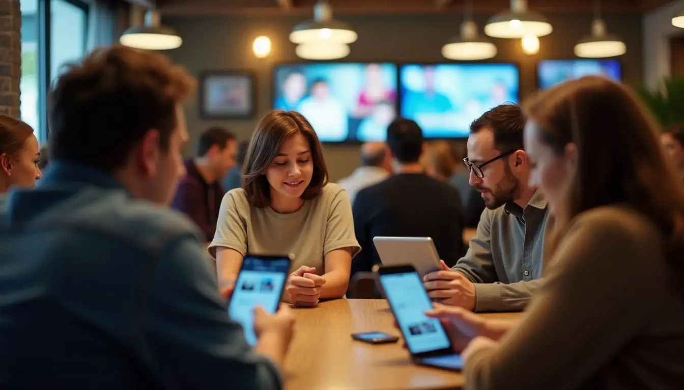 People in a casual cafe, engrossed in digital screens. People in a casual cafe, engrossed in digital screens.