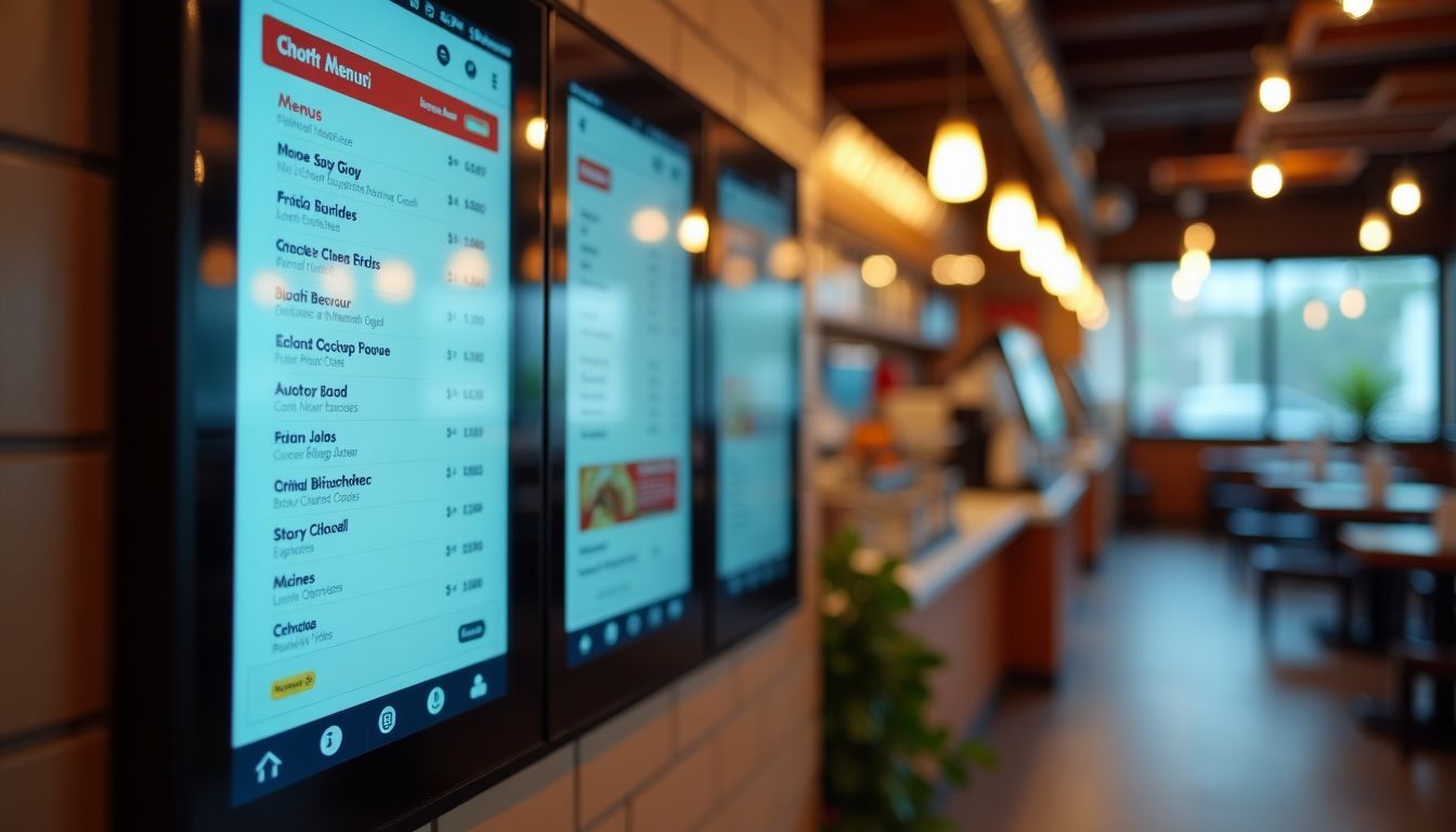 A digital menu board and self-service kiosk in a restaurant. A digital menu board and self-service kiosk in a restaurant.