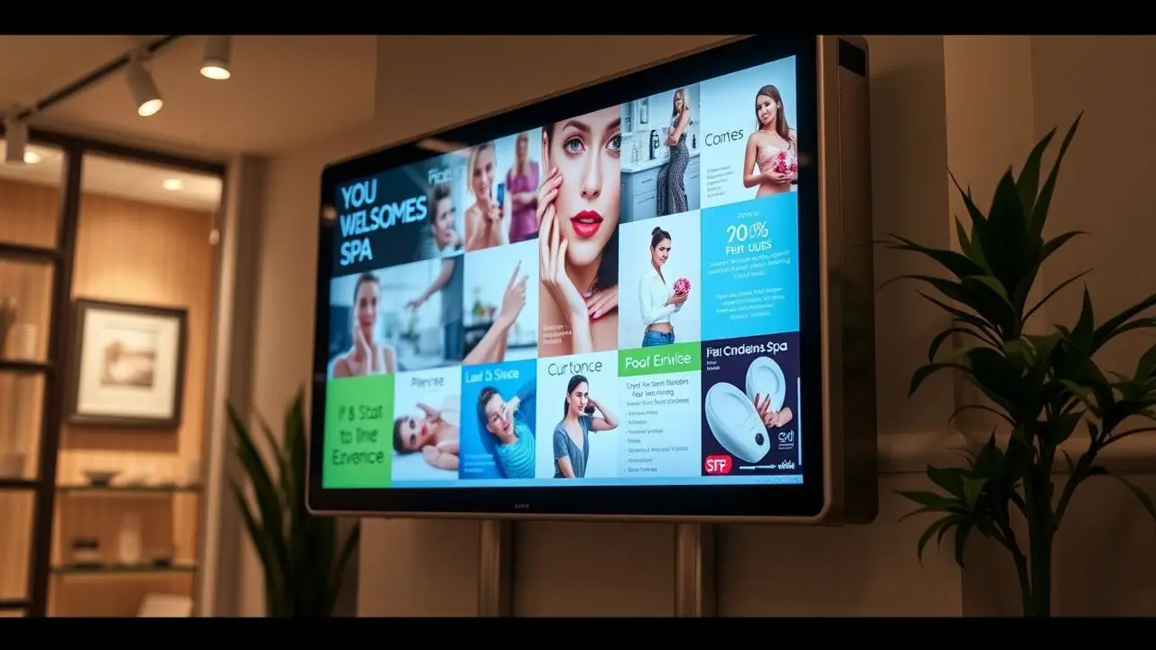 The image shows a digital display board in a salon and spa.