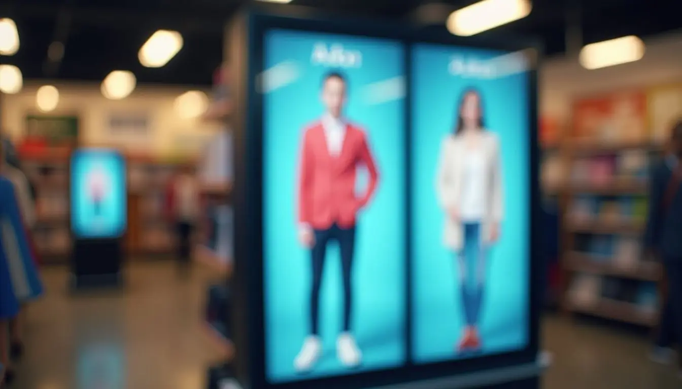 A retail store digital signage display featuring vibrant product images.